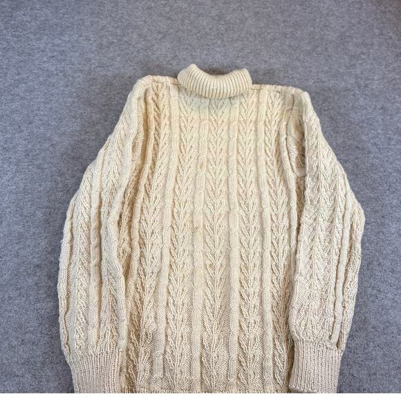 Vintage 90s Cable Knit Turtleneck Sweater Womens Medium Beige Preppy Classic - Picture 2 of 7